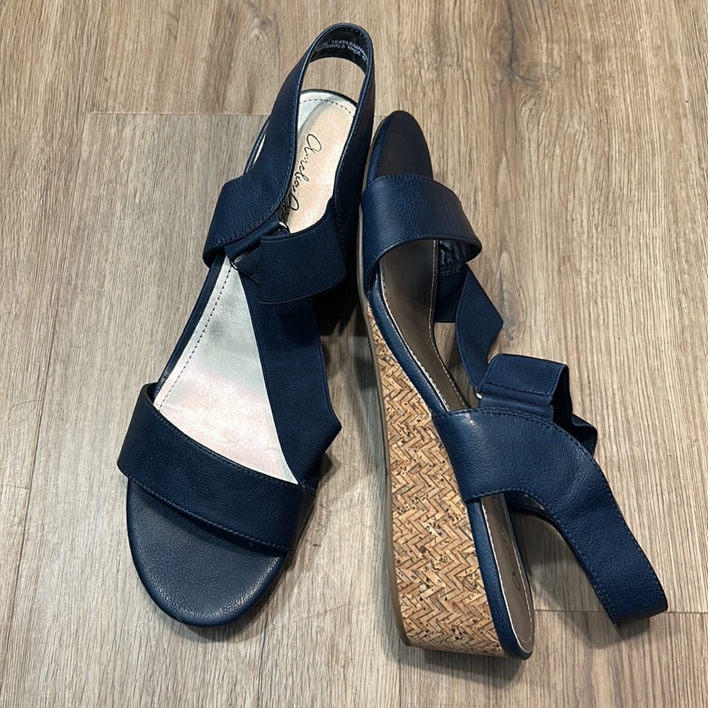 Amelia Grace “Gracie” Navy Blue leather slip on open toe corkscrew wedges